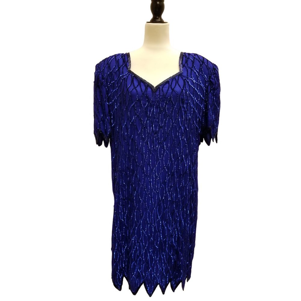Blue Sequined Silk Dress by Laurence Kazar - Size